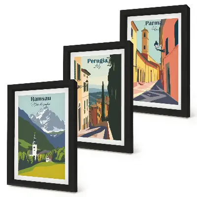 Mur de cadres avec des paysages de montagne et des rues de villes italiennes