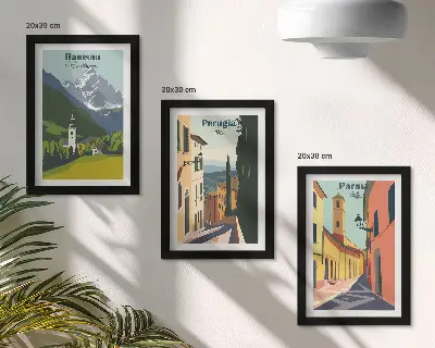 Mur de cadres avec des paysages de montagne et des rues de villes italiennes