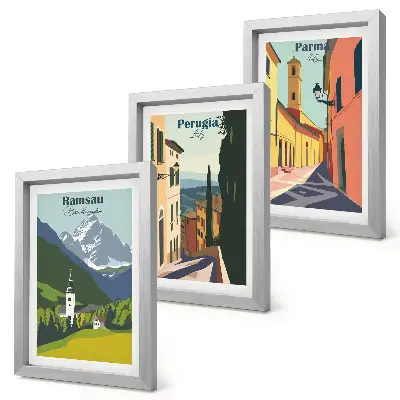 Mur de cadres avec des paysages de montagne et des rues de villes italiennes