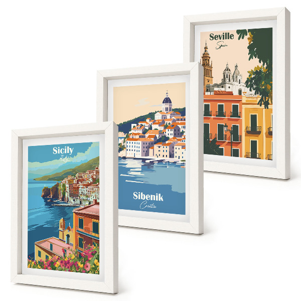 Lot de 3 tableaux Paysages de villes européennes aux bâtiments colorés