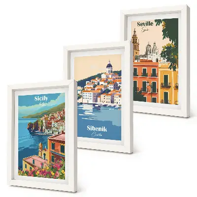 Lot de 3 tableaux représentant des paysages de villes européennes aux bâtiments colorés