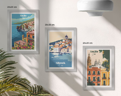 Lot de 3 tableaux Paysages de villes européennes aux bâtiments colorés