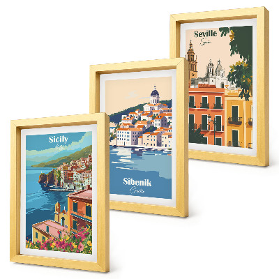 Lot de 3 tableaux Paysages de villes européennes aux bâtiments colorés