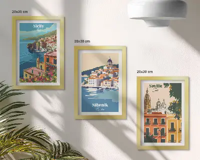 Lot de 3 tableaux représentant des paysages de villes européennes aux bâtiments colorés