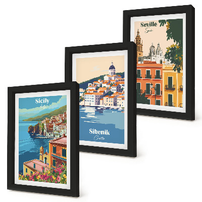Lot de 3 tableaux Paysages de villes européennes aux bâtiments colorés