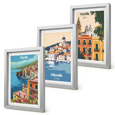 Lot de 3 tableaux Paysages de villes européennes aux bâtiments colorés