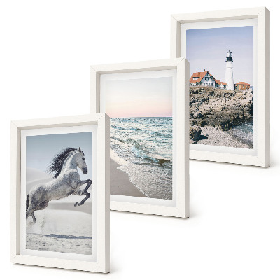Ensemble de 3 tableaux Chevaux en mouvement, plage et phare, vagues