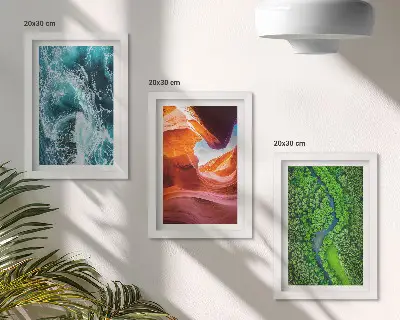 Mur de cadres représentant l'eau en mouvement dans un canyon et la forêt verte