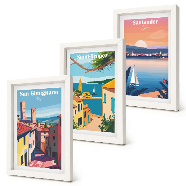 Ensemble de 3 tableaux Villes italiennes et paysages balnéaires rétro