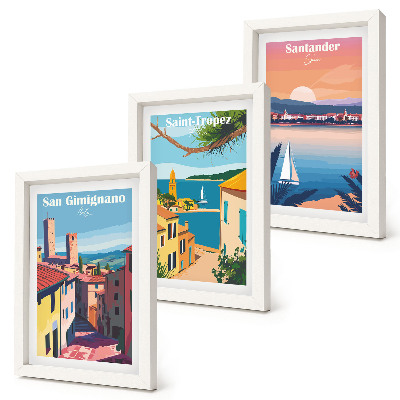 Ensemble de 3 tableaux Villes italiennes et paysages balnéaires rétro
