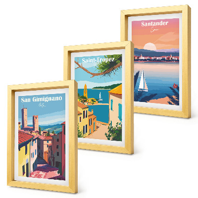 Ensemble de 3 tableaux Villes italiennes et paysages balnéaires rétro