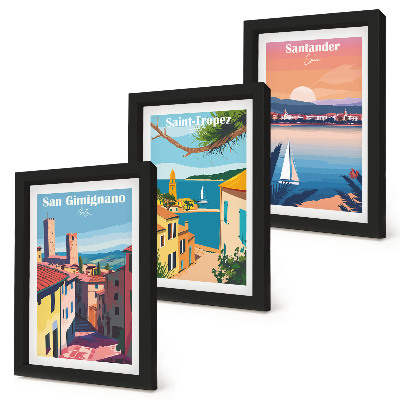 Ensemble de 3 tableaux Villes italiennes et paysages balnéaires rétro