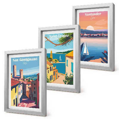 Ensemble de 3 tableaux Villes italiennes et paysages balnéaires rétro