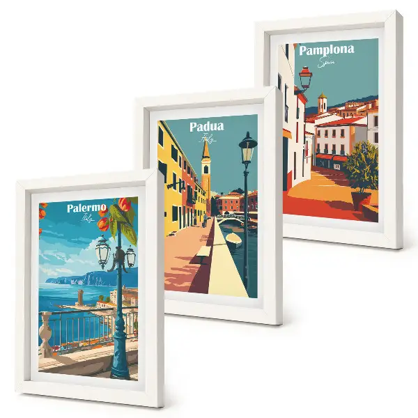 Ensemble de 3 tableaux représentant des villes populaires dans un style illustratif rétro