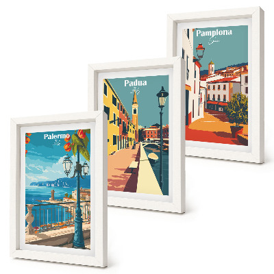 Ensemble de 3 tableaux Villes populaires dans un style illustratif rétro