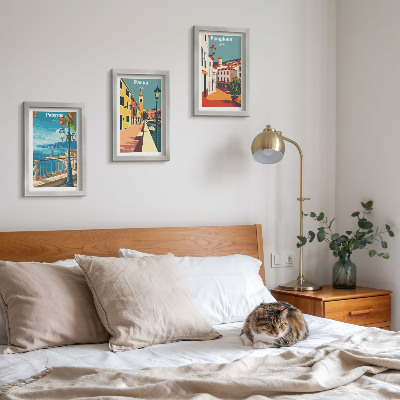 Ensemble de 3 tableaux Villes populaires dans un style illustratif rétro