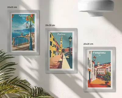 Ensemble de 3 tableaux représentant des villes populaires dans un style illustratif rétro