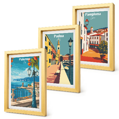 Ensemble de 3 tableaux Villes populaires dans un style illustratif rétro