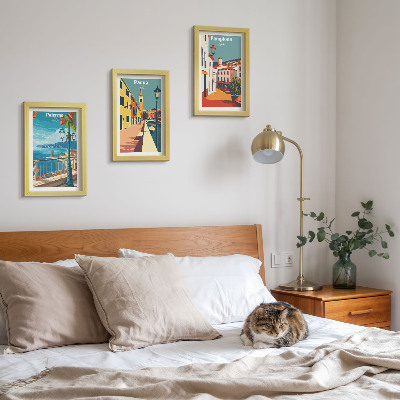 Ensemble de 3 tableaux Villes populaires dans un style illustratif rétro