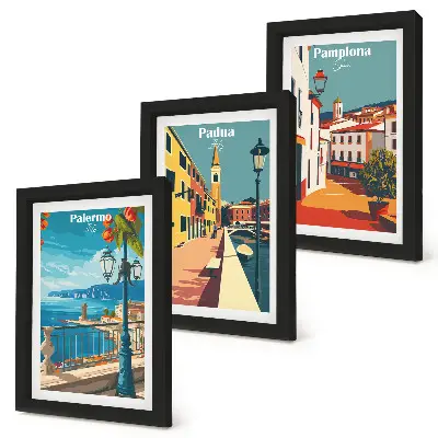 Ensemble de 3 tableaux représentant des villes populaires dans un style illustratif rétro