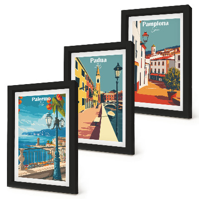 Ensemble de 3 tableaux Villes populaires dans un style illustratif rétro