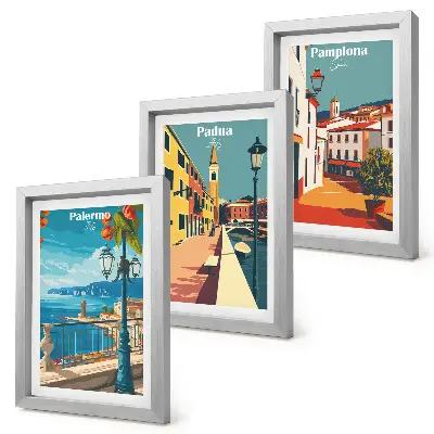 Ensemble de 3 tableaux représentant des villes populaires dans un style illustratif rétro