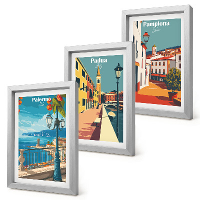 Ensemble de 3 tableaux Villes populaires dans un style illustratif rétro
