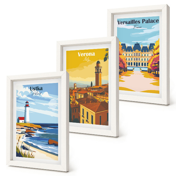 Lot de 3 tableaux Vues de lieux célèbres en bord de mer et dans les villes
