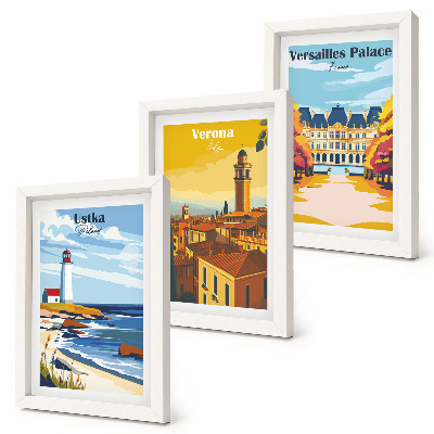 Lot de 3 tableaux Vues de lieux célèbres en bord de mer et dans les villes