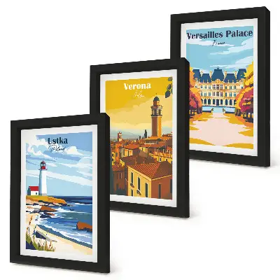 Lot de 3 tableaux représentant des vues de lieux célèbres en bord de mer et dans les villes