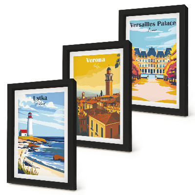 Lot de 3 tableaux Vues de lieux célèbres en bord de mer et dans les villes