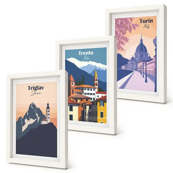 Ensemble de 3 tableaux illustrations colorées sur le thème des montagnes et de l'architecture rétro