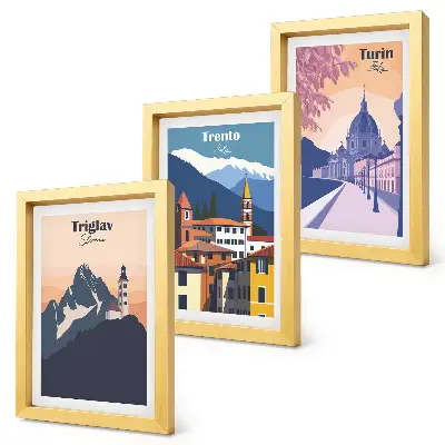 Ensemble de 3 tableaux illustrations colorées sur le thème des montagnes et de l'architecture rétro