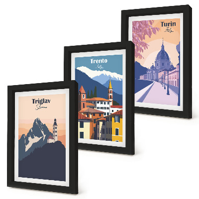 Ensemble de 3 tableaux Montagnes et architecture rétro, illustrations colorées