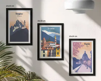Ensemble de 3 tableaux illustrations colorées sur le thème des montagnes et de l'architecture rétro