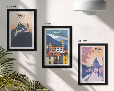 Ensemble de 3 tableaux Montagnes et architecture rétro, illustrations colorées