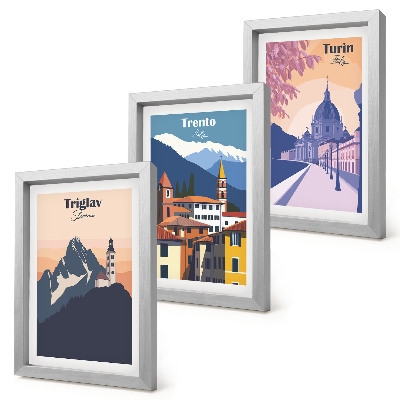 Ensemble de 3 tableaux Montagnes et architecture rétro, illustrations colorées