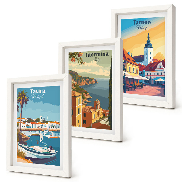 Lot de 3 tableaux Vues des villes côtières et de leur architecture