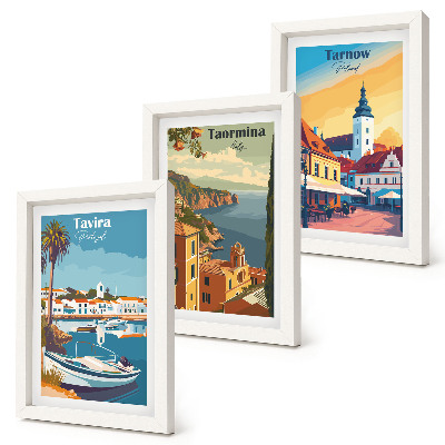 Lot de 3 tableaux Vues des villes côtières et de leur architecture