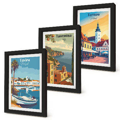 Lot de 3 tableaux Vues des villes côtières et de leur architecture