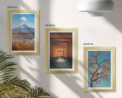 Ensemble de 3 tableaux représentant des paysages, la nature et l'architecture du Japon et de l'Asie
