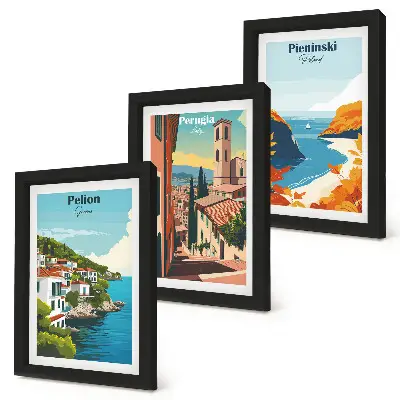 Lot de 3 tableaux représentant des paysages pittoresques dans un style rétro
