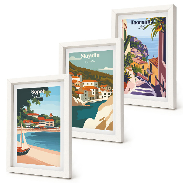 Ensemble de 3 tableaux Illustrations élégantes de vues de villes balnéaires