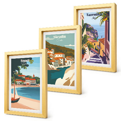 Ensemble de 3 tableaux Illustrations élégantes de vues de villes balnéaires