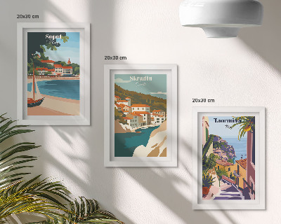 Ensemble de 3 tableaux Illustrations élégantes de vues de villes balnéaires