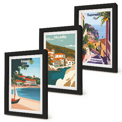 Ensemble de 3 tableaux Illustrations élégantes de vues de villes balnéaires