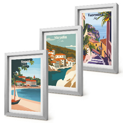 Ensemble de 3 tableaux Illustrations élégantes de vues de villes balnéaires