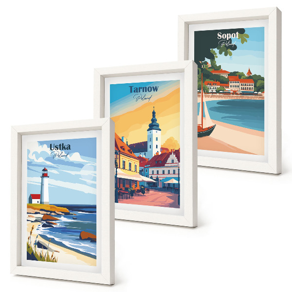 Ensemble de 3 tableaux Vues des villes polonaises Ustka Tarnów Sopot