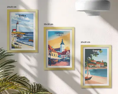 Ensemble de 3 tableaux représentant les vues des villes d'Ustka, Tarnów et Sopot