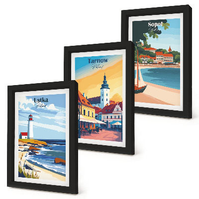 Ensemble de 3 tableaux Vues des villes polonaises Ustka Tarnów Sopot